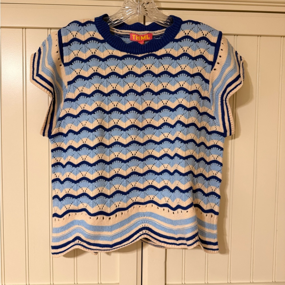 THML Blue & Cream Striped Knit Short-Sleeve Sweater size Small